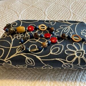 Navy Floral Embroidered Women’s Clutch with Beaded Strap